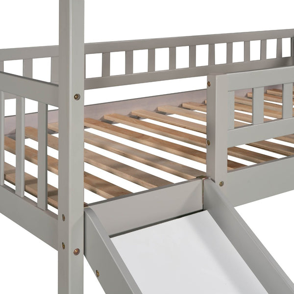 English Elm Twin House Loft Bed with Slide Two Drawers Storage Steps Kids Playroom Gray LT100130AAE