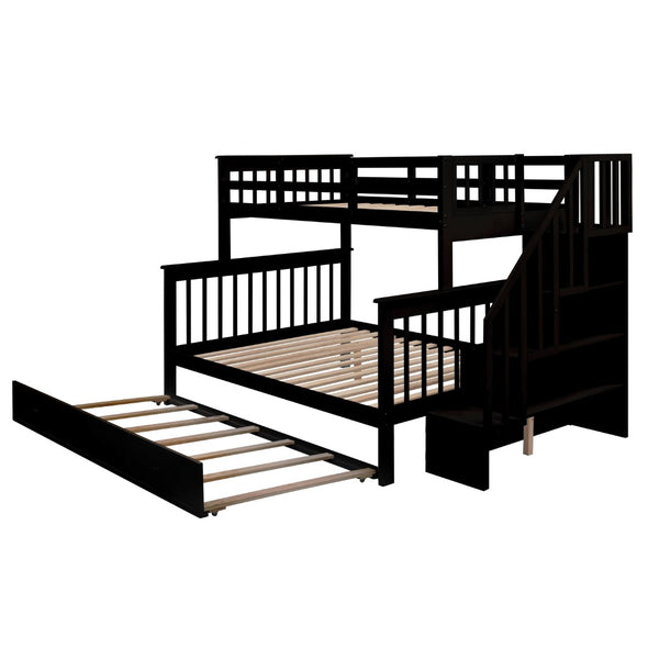 English Elm Stairway Twin Over Full Bunk Bed with Trundle Stair Storage and Guard Rail Espresso LT000119AAP-1