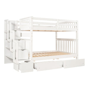 English Elm Full Over Staircase Bunk Bed with Six Storage Drawers and Open Shelving LT000046AAK-1