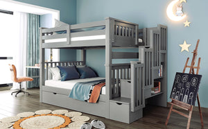 English Elm Full Over Staircase Bunk Bed with Six Storage Drawers and Open Shelving LT000046AAE-1