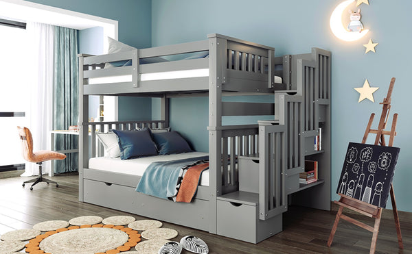 English Elm Full Over Staircase Bunk Bed with Six Storage Drawers and Open Shelving LT000046AAE-1