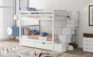 English Elm Full Over Staircase Bunk Bed with Six Storage Drawers and Open Shelving LT000046AAK-1