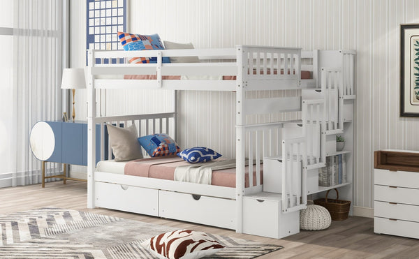 English Elm Full Over Staircase Bunk Bed with Six Storage Drawers and Open Shelving LT000046AAK-1