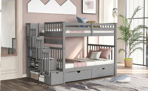 English Elm Full Over Staircase Bunk Bed with Six Storage Drawers and Open Shelving LT000046AAE-1