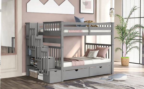 English Elm Full Over Staircase Bunk Bed with Six Storage Drawers and Open Shelving LT000046AAE-1