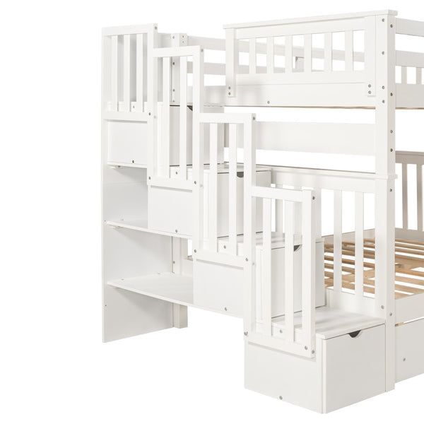 English Elm Full Over Staircase Bunk Bed with Six Storage Drawers and Open Shelving LT000046AAK-1