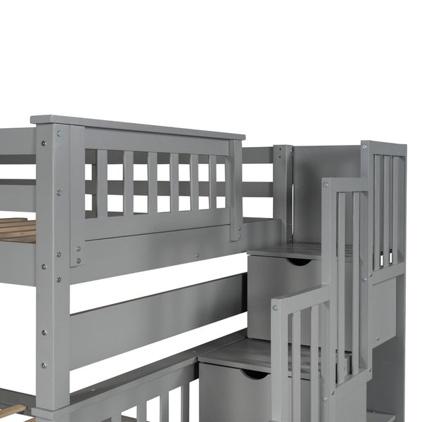 English Elm Full Over Staircase Bunk Bed with Six Storage Drawers and Open Shelving LT000046AAE-1