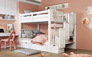 English Elm Full Over Staircase Bunk Bed with Six Storage Drawers and Open Shelving LT000046AAK-1