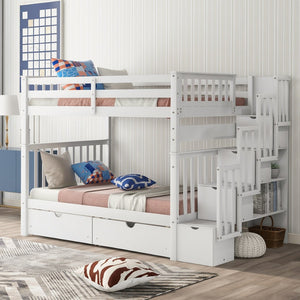 English Elm Full Over Staircase Bunk Bed with Six Storage Drawers and Open Shelving LT000046AAK-1