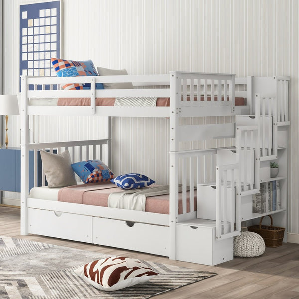 English Elm Full Over Staircase Bunk Bed with Six Storage Drawers and Open Shelving LT000046AAK-1