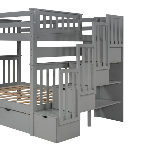 English Elm Full Over Staircase Bunk Bed with Six Storage Drawers and Open Shelving LT000046AAE-1