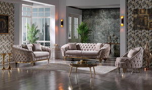 English Elm Vanessa Velvet Button Tufted Accent Chair in Taupe with Gold Legs, Flared Arms & Coil Spring Comfort G150109205