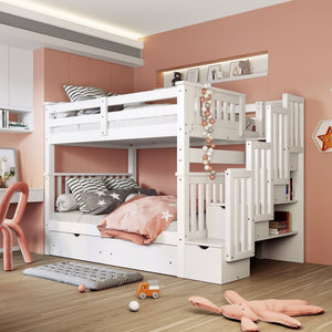 English Elm Full Over Staircase Bunk Bed with Six Storage Drawers and Open Shelving LT000046AAK-1