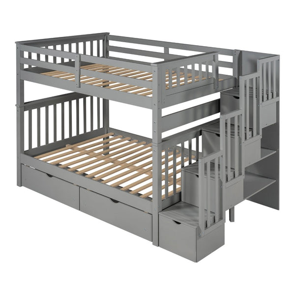 English Elm Full Over Staircase Bunk Bed with Six Storage Drawers and Open Shelving LT000046AAE-1