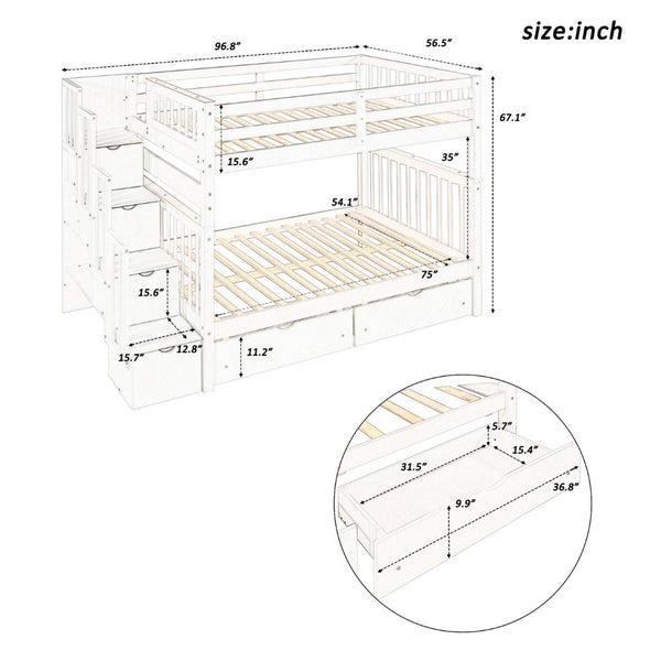 English Elm Full Over Staircase Bunk Bed with Six Storage Drawers and Open Shelving LT000046AAK-1