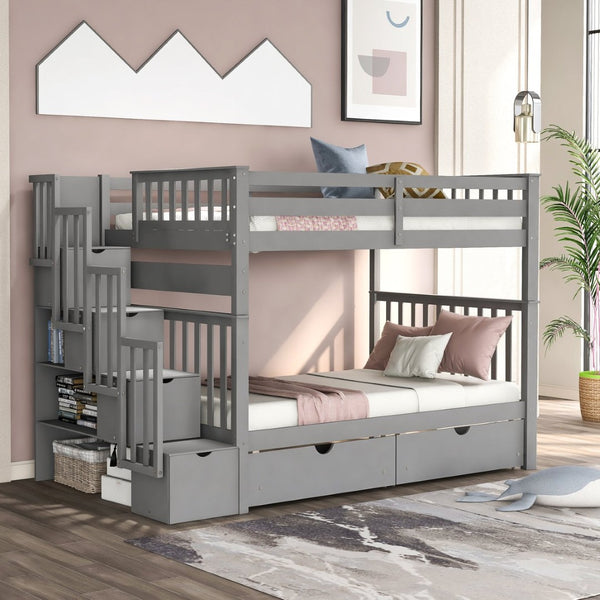 English Elm Full Over Staircase Bunk Bed with Six Storage Drawers and Open Shelving LT000046AAE-1