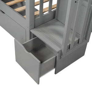 English Elm Full Over Staircase Bunk Bed with Six Storage Drawers and Open Shelving LT000046AAE-1
