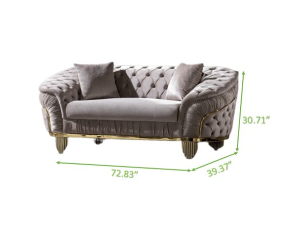 English Elm Vanessa Velvet Tufted Loveseat in Taupe with Gold-Plated Waterfall Legs, Coil Springs & Pillows G150109203