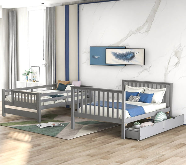 English Elm Full Over Staircase Bunk Bed with Six Storage Drawers and Open Shelving LT000046AAE-1