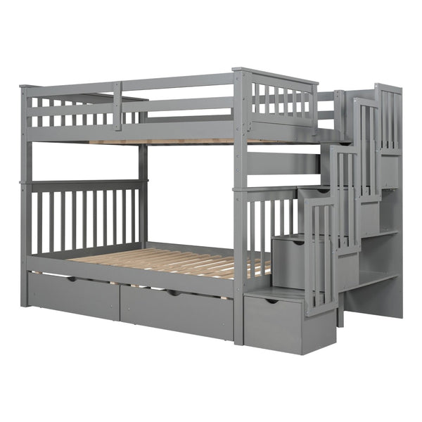 English Elm Full Over Staircase Bunk Bed with Six Storage Drawers and Open Shelving LT000046AAE-1