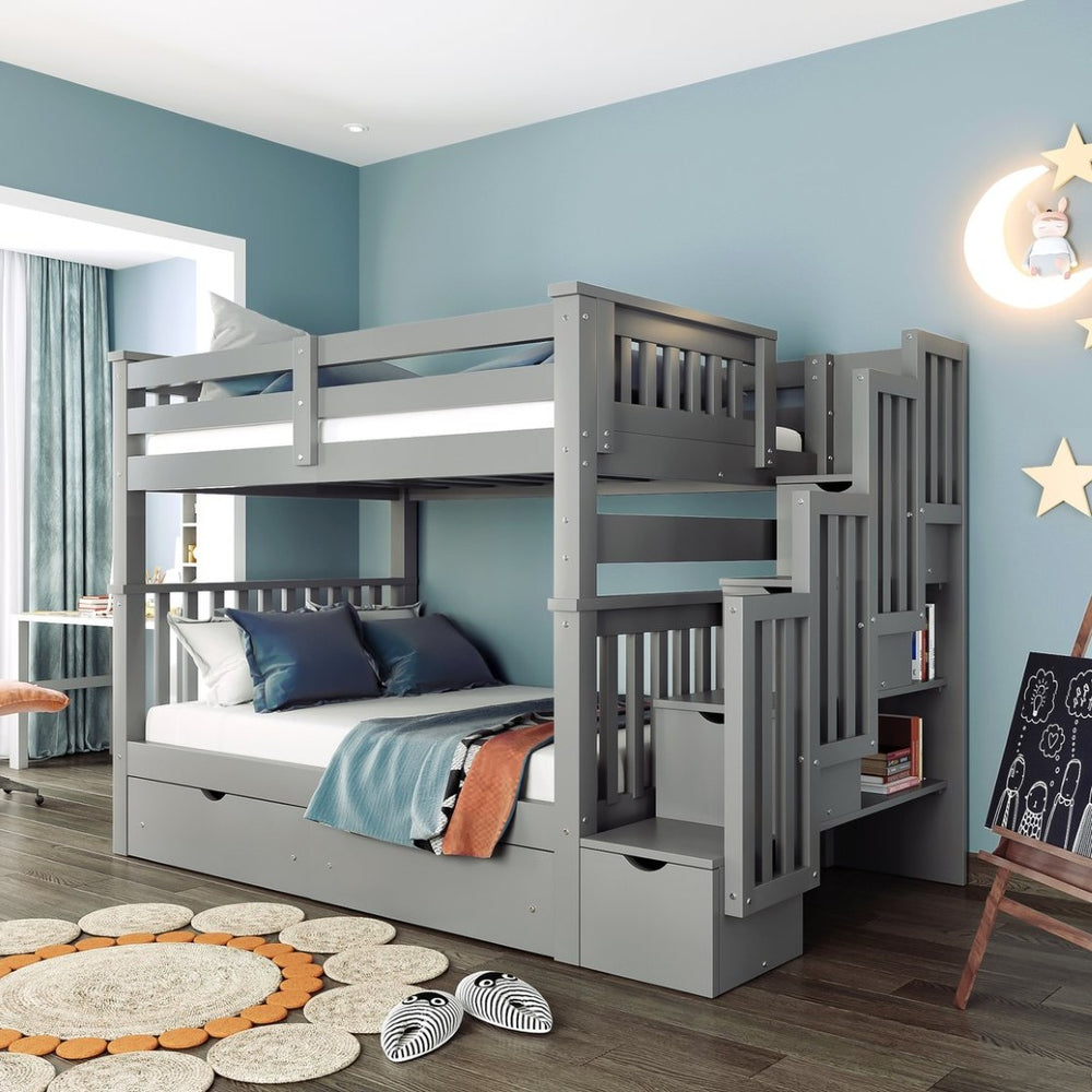 English Elm Full Over Staircase Bunk Bed with Six Storage Drawers and Open Shelving LT000046AAE-1
