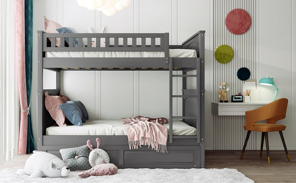 English Elm Full Over Bunk Bed with Trundle Solid Pine Wood Kids Bedroom Sleeper LT000044AAN-1