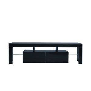 English Elm Modern Low Profile Media Console with Led Lighting Gloss Doors for Living Room or Gaming W33131067