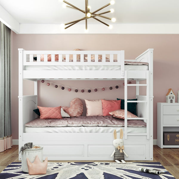 English Elm Full Over Bunk Bed with Trundle Solid Pine Wood Kids Bedroom Sleeper LT000044AAK-1