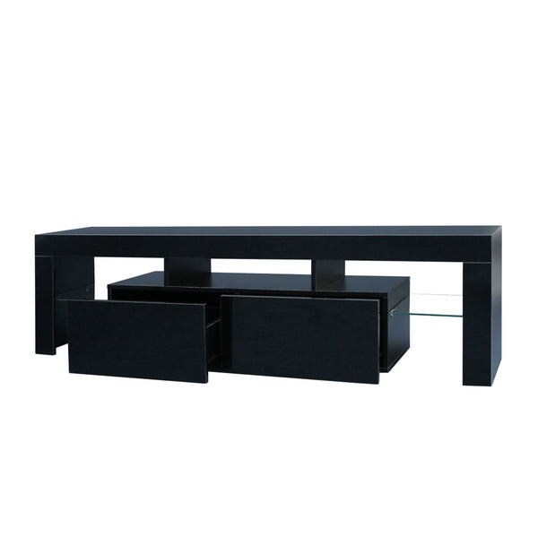 English Elm Modern Low Profile Media Console with Led Lighting Gloss Doors for Living Room or Gaming W33131067