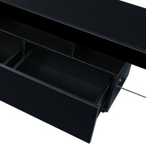 English Elm Modern Low Profile Media Console with Led Lighting Gloss Doors for Living Room or Gaming W33131067