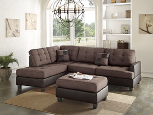 English Elm Sectional 3-Piece Reversible Chaise Sofa Set with Tufted Linen-Look Seating & Ottoman, Chocolate Finish 104" HS00F6857-ID-AHD