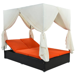 English Elm U_style Outdoor Pe Rattan Daybed with Canopy Curtains Resort Wicker Sunbed Patio WY000436AAO
