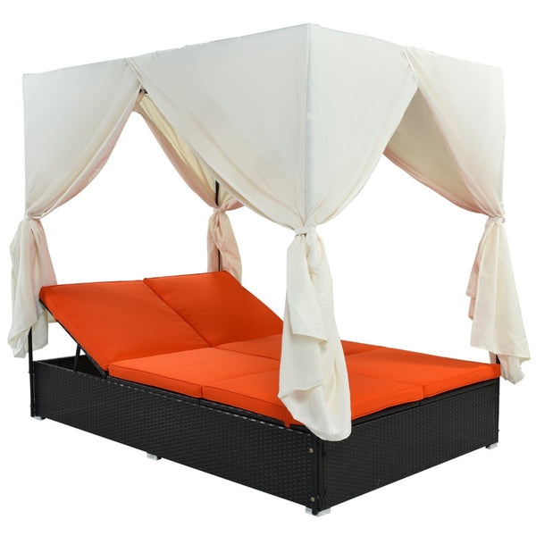 English Elm U_style Outdoor Pe Rattan Daybed with Canopy Curtains Resort Wicker Sunbed Patio WY000436AAO