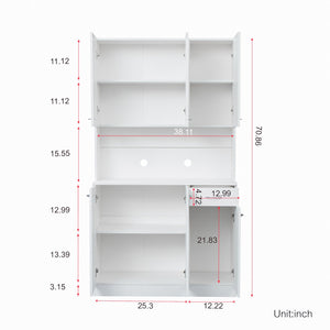 English Elm 70.87" Wardrobe Kitchen Cabinet with 6 Doors, 1 Drawer & Open Shelf — Durable Melamine MDF Storage Solution White W331S00058