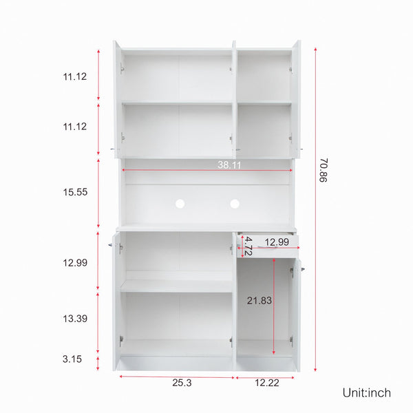 English Elm 70.87" Wardrobe Kitchen Cabinet with 6 Doors, 1 Drawer & Open Shelf — Durable Melamine MDF Storage Solution White W331S00058
