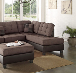 English Elm Sectional 3-Piece Reversible Chaise Sofa Set with Tufted Linen-Look Seating & Ottoman, Chocolate Finish 104" HS00F6857-ID-AHD