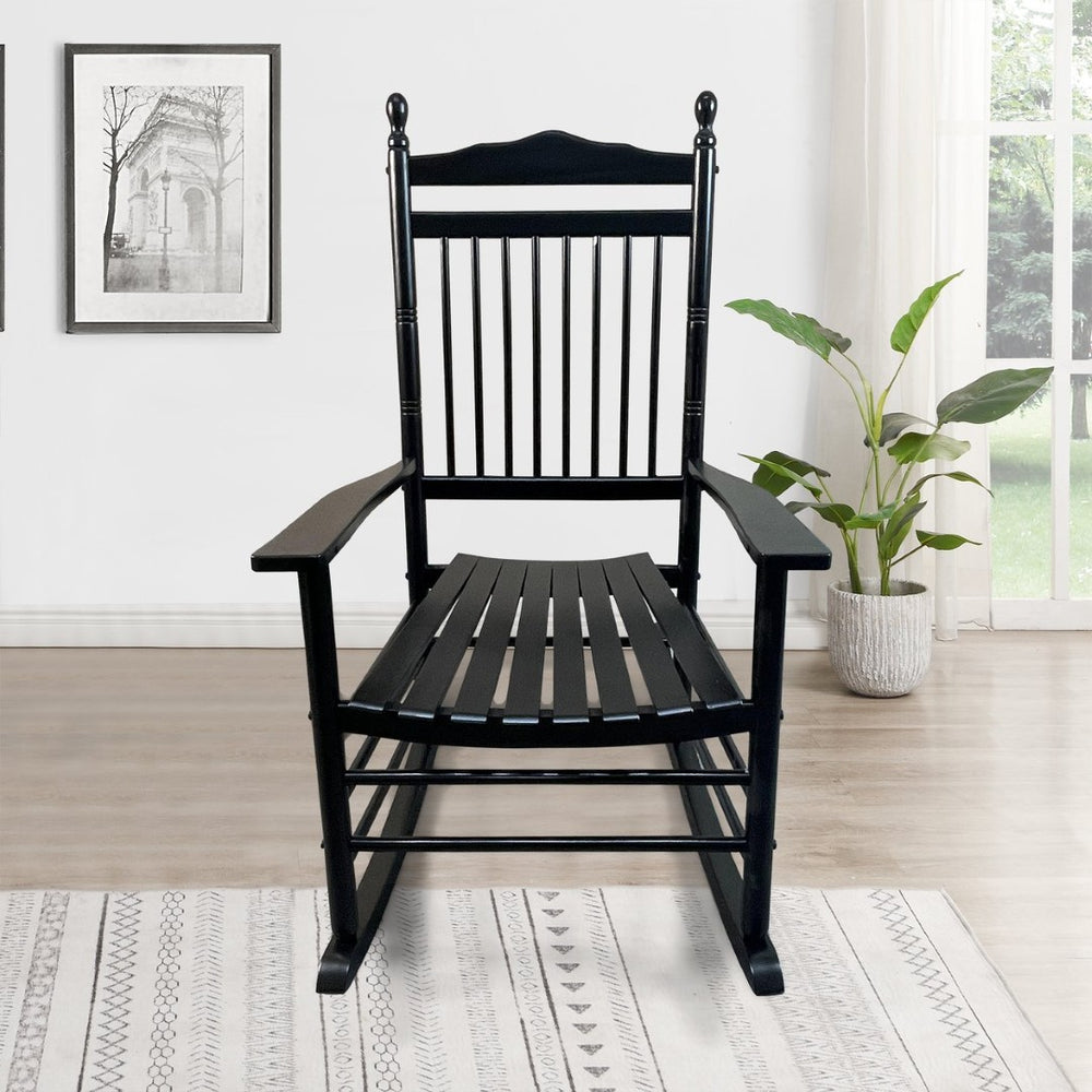 English Elm Balcony Hardwood Rocking Chair Slatted Back Matte Black Finish Porch Outdoor Seating W49540380