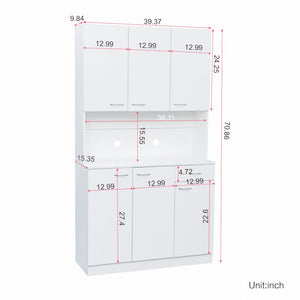 English Elm 70.87" Wardrobe Kitchen Cabinet with 6 Doors, 1 Drawer & Open Shelf — Durable Melamine MDF Storage Solution White W331S00058