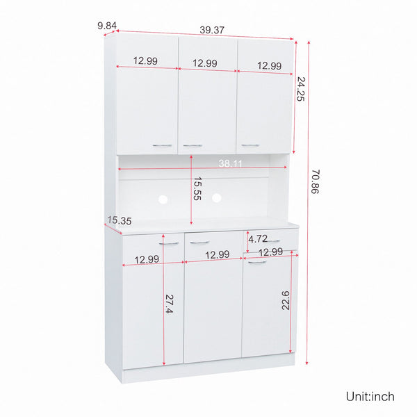 English Elm 70.87" Wardrobe Kitchen Cabinet with 6 Doors, 1 Drawer & Open Shelf — Durable Melamine MDF Storage Solution White W331S00058