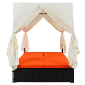 English Elm U_style Outdoor Pe Rattan Daybed with Canopy Curtains Resort Wicker Sunbed Patio WY000436AAO