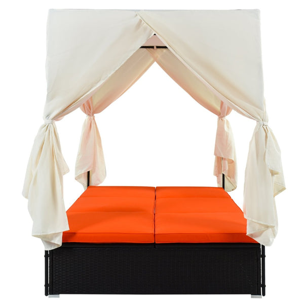 English Elm U_style Outdoor Pe Rattan Daybed with Canopy Curtains Resort Wicker Sunbed Patio WY000436AAO