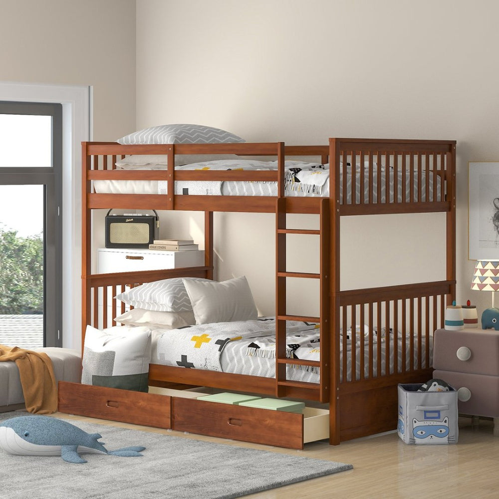 English Elm Twin-over-twin Bunk Bed Walnut Finish with Storage Drawers and Convertible Frame LT000265AAD-1
