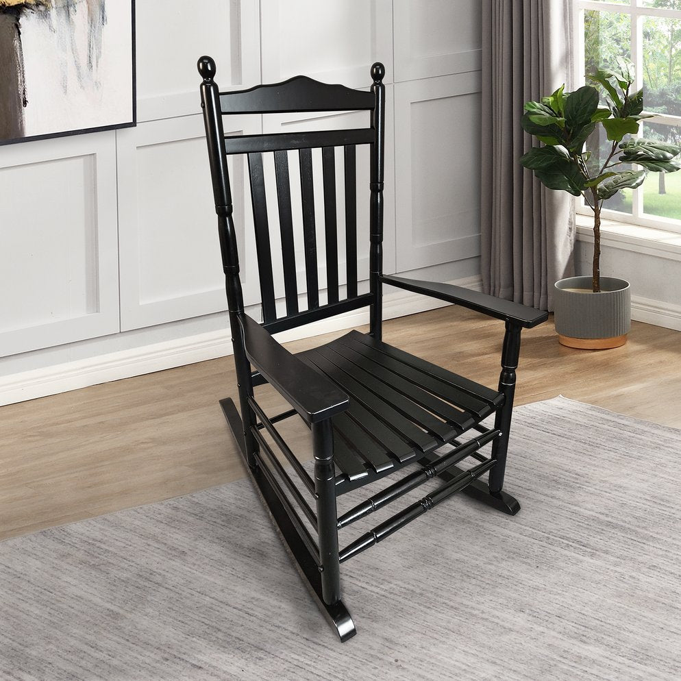 English Elm Balcony Classic Black Wooden Rocking Chair For Porch Relaxation - Sturdy, Comfortable Design W49540382
