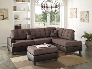 English Elm Sectional 3-Piece Reversible Chaise Sofa Set with Tufted Linen-Look Seating & Ottoman, Chocolate Finish 104" HS00F6857-ID-AHD