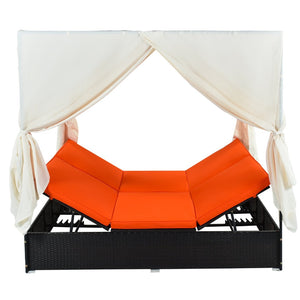 English Elm U_style Outdoor Pe Rattan Daybed with Canopy Curtains Resort Wicker Sunbed Patio WY000436AAO