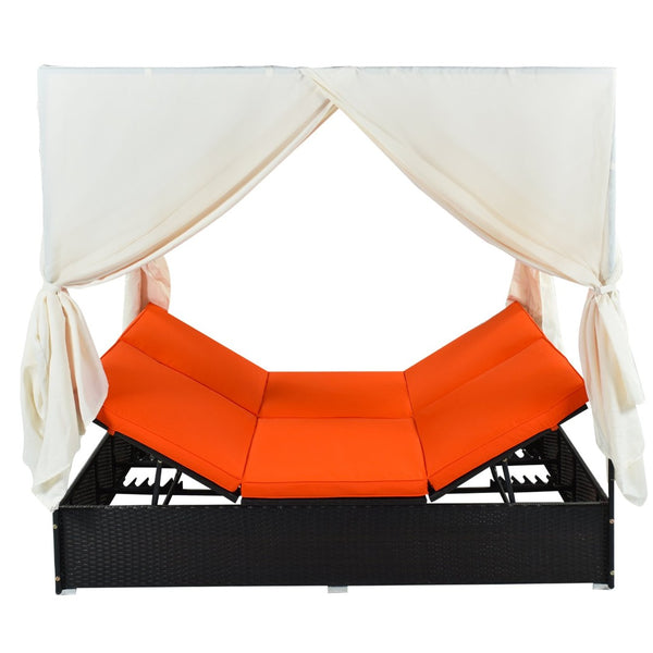 English Elm U_style Outdoor Pe Rattan Daybed with Canopy Curtains Resort Wicker Sunbed Patio WY000436AAO