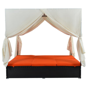 English Elm U_style Outdoor Pe Rattan Daybed with Canopy Curtains Resort Wicker Sunbed Patio WY000436AAO