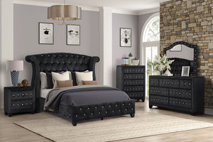 English Elm Full Sophia 5 Pc Upholstery Bedroom Set in Black Wood with Crystal Tufted Headboard & Storage Chest 808857866103