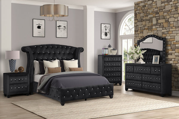 English Elm Full Sophia 5 Pc Upholstery Bedroom Set in Black Wood with Crystal Tufted Headboard & Storage Chest 808857866103
