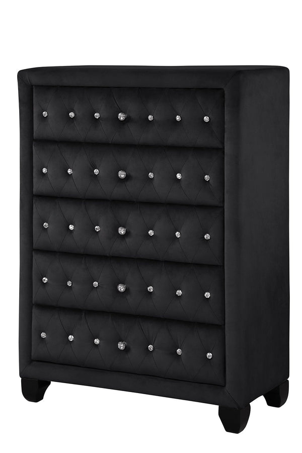 English Elm Sophia Velvet Tufted 5-Drawer Chest Black — Hollywood Regency Glam, Durable Upholstered Storage Piece 808857795083